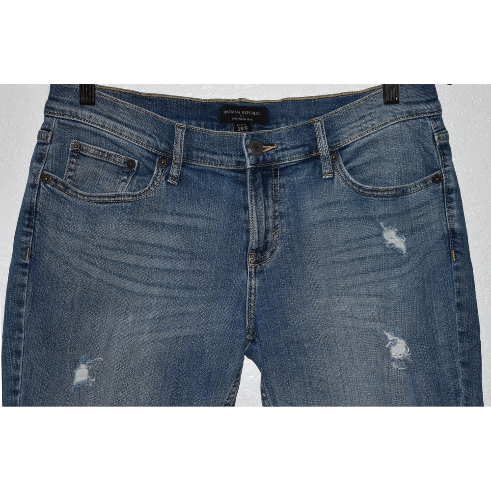 Banana Republic Girlfriend Jean Distressed Blue Denim Petite 28/6 Cotton Stretch